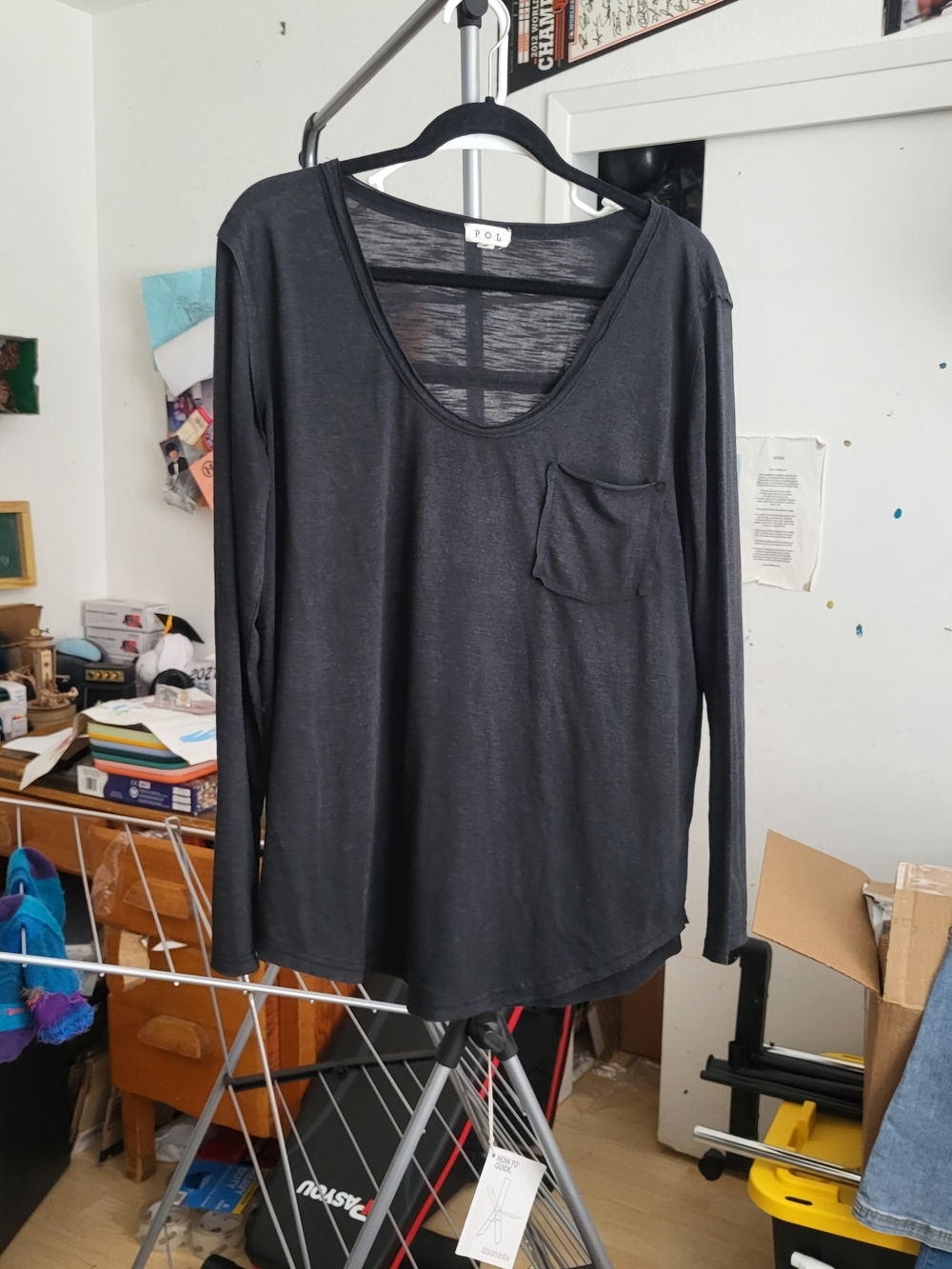 3BN POL Brand Black Long-Sleeve Scoop Neck Pocket Top, EUC, Small